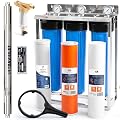 Aquaboon 20" 3 Stage Whole House Water Filtration System with Big Housings and Pressure Gauges - Advanced UV Lamp, KDF Filter, Carbon Block, Sediment Filter Cartridges, Steel Frame