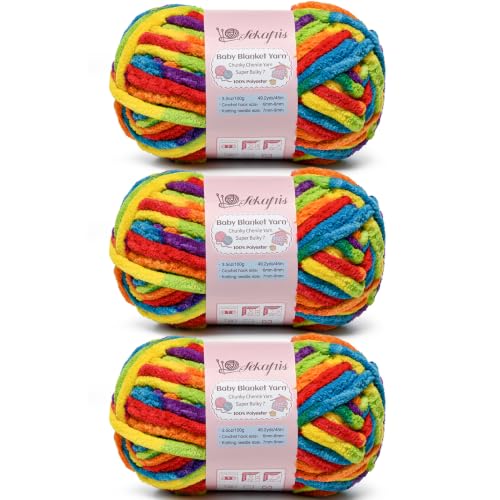 Image of 10.58 oz /147.6 yds Chunky Chenille Yarn for Crocheting, #7 Super Bulky Baby Blanket Yarn for Crocheting Soft, Fluffy Velvet Yarn for Knitting, Amigurumi Crochet Yarn for Crafts (3 Rainbow)
