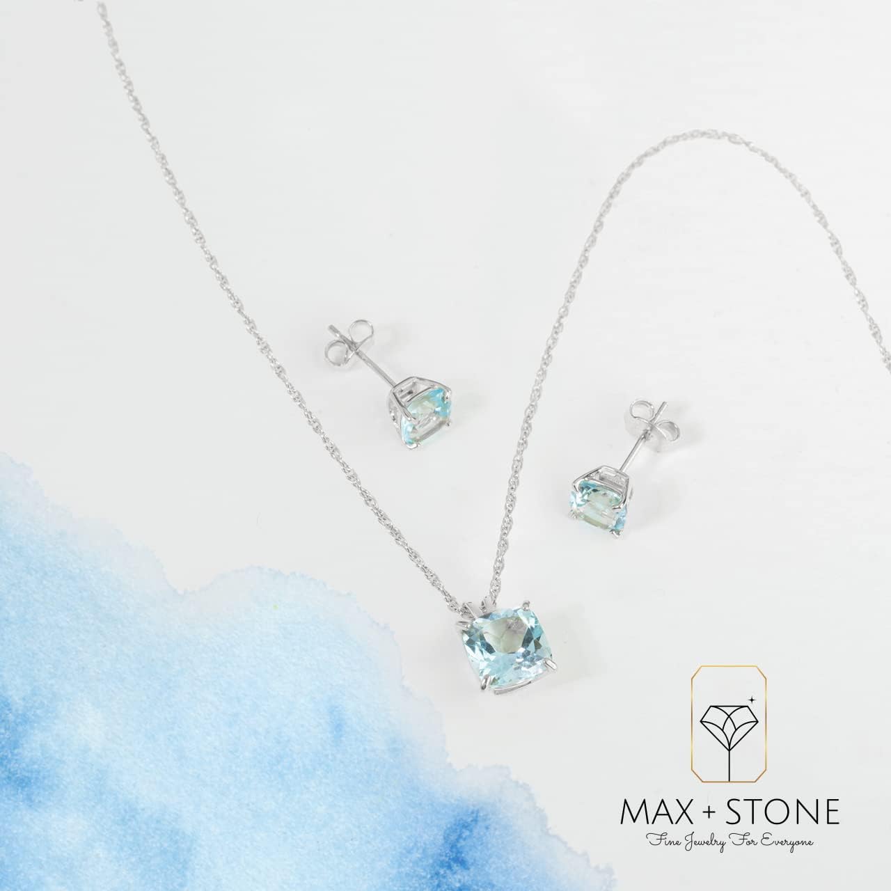 MAX + STONE 14k Gold Plated or Sterling Silver Cushion Cut Gemstone Stud Earrings and Pendant Necklace for Women with 6mm and 8mm Birthstones 18 Inch Chain and Push Backs Jewelry Set