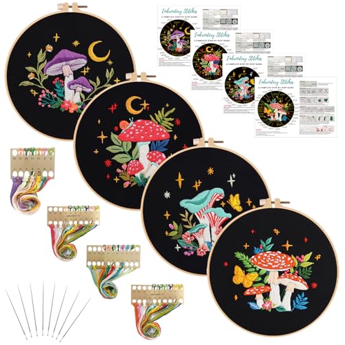 Nuberlic 4 Pack Mushroom Embroidery Kit for Beginners, Starters Cross Stitch Needlepoint Kits with Stamped Pattern (1 Hoops, 4 Cloth, Threads, Needles, Instructions)