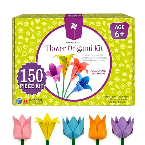 Pinwheel Crafts Flower Origami Kit for Kids Ages 8-12 | 150 Pcs Origami Paper Kit...
