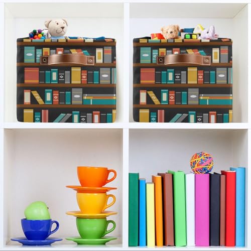 Image of Colorful Bookshelf Book Storage Basket Bin for Shelves Closet Foldable Fabric Storage Box Cube with Handles Kids Gifts Toys Clothes Shelf Basket Organizer for Bedroom Nursery Home Decorative
