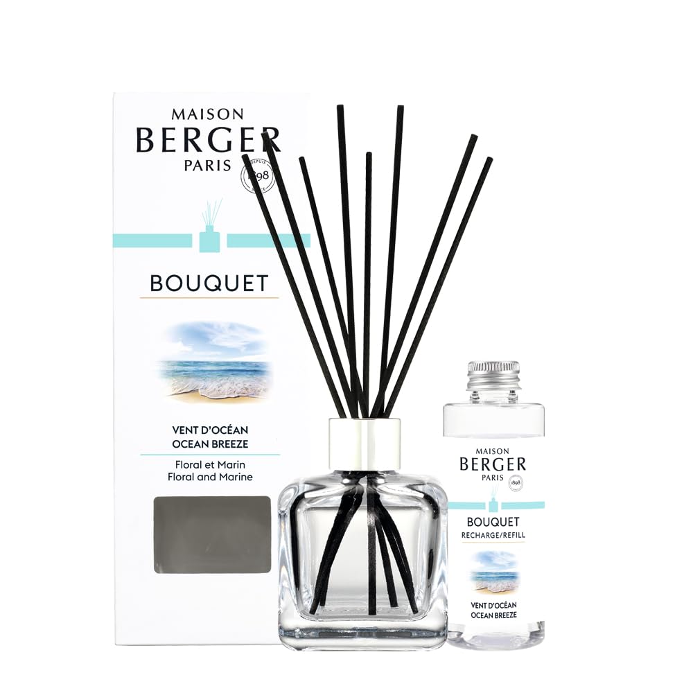 Maison Berger Clear Ocean Breeze Glass Reed Diffuser Scented Bouquet – 6 Black Reed Sticks With 100 Ml Fragrance Refill – Made In France