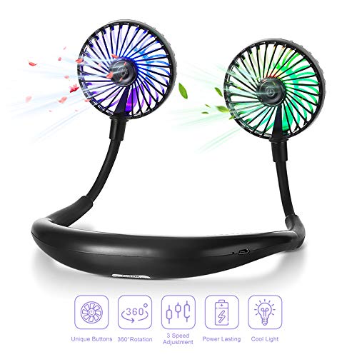 Hands Free Neck Fan, Personal USB Rechargeable Mini Portable Fan, Headphone Design Wearable Neckband fan with 360° Rotation, 3 Adjustable Speeds&LED Lighting, Cooling Indoor and Outdoor Comfort, for Travel Office Home Sports