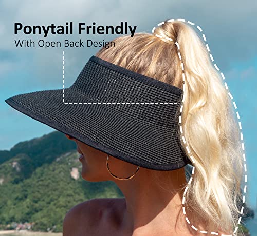 Joywant Sun Visor Hats For Women, Women's Summer Ponytail Foldable Straw Beach Hat With Upf 50+ Black #TOP4