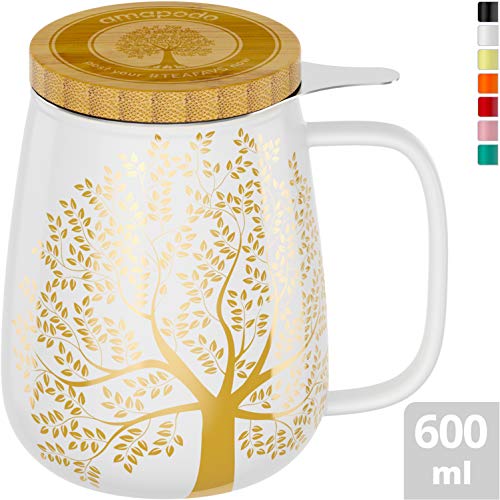 amapodo Lot de tasses à thé avec couvercle et passoire en porcelaine Blanc Taille XXL 600 ml