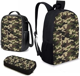 Howilath Green Camo Print School Backpack for Teenage 3 in 1, Backpack for Boys Girls School Bag Shoulder Bookbag/Lunch Box/Pencil Case 17 Inch