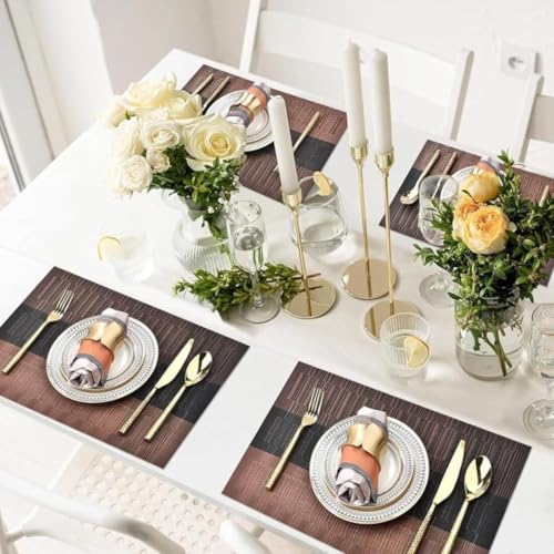 Image of Potency Table Mats Set of 4, Woven Placemate for Dining Table, Heat-Resistant Placemats Stain Resistant Anti-Skid Washable PVC Table Mats, Vinyl Placemats for Dining Kitchen Restaurant Table (A-Brown)