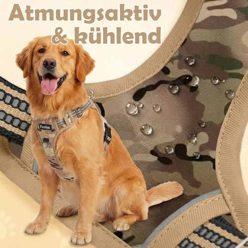 Funfox Hundegeschirr Mittelgroße Hunde [L] - Verstellbares Anti-Zug Brustgeschirr mit Griff & Reflektorstreifen, Atmungsaktives No Pull Hundegeschirr für Grosse/Kleine Hunde Outdoor Tarnbraun