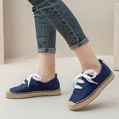 A COUPLE OF LINES Espadrille Sneakers - Lace Up Women Flats Thick Bottom Espadrilles for Women（Navy Blue,7.5） | Image 5
