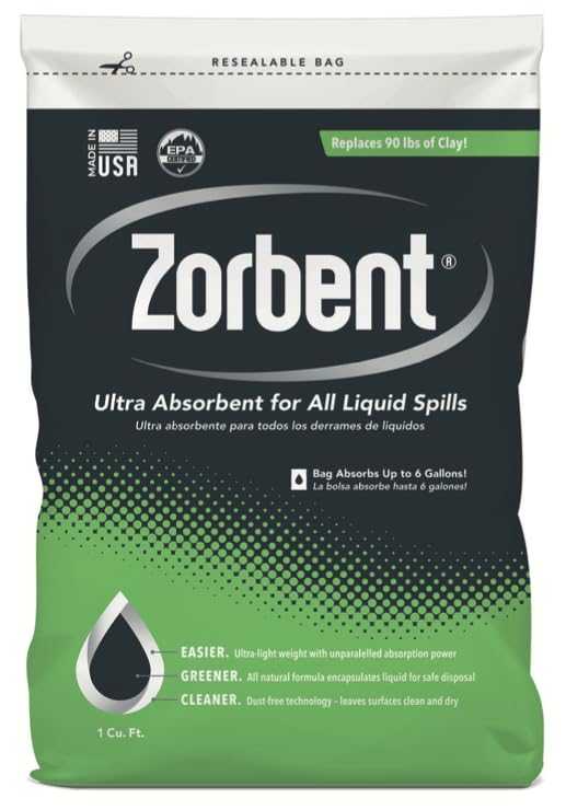 Zorbent Oil Spill Absorbent | 1 Cu Ft Bag Absorbs up to 6 Gallons of Liquid. Replaces 98 lbs of Clay. Non-Toxic, Low-Dust, with Cleaning Agent. For Fast Industrial Spill Cleanup.