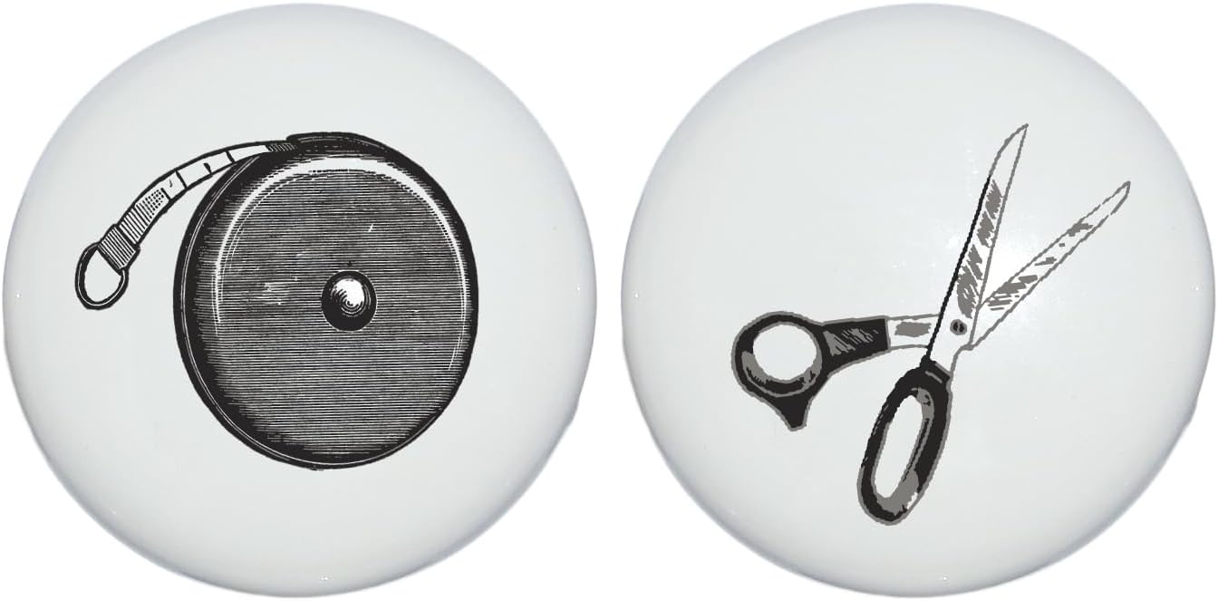 Antique Quilting Knitting Sewing White Ceramic with Gray, Black Graphics Cabinet Dresser Drawer Knobs Pulls Set of 2 (Thimble Needle and Thread)