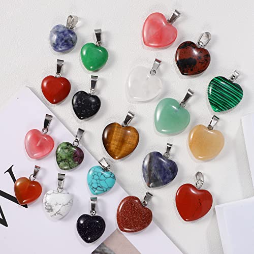 20PCS Heart Shape Pendants Love Heart Shape Gemstone Charms Pendants Crystal Chakra Beads with Ropes for DIY Necklace Making (16mm+ 20mm) - Image 2