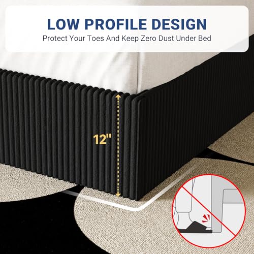 Image of Allewie Full Bed Frame, Adjustable Corduroy Headboard, Platform, Black | Adjustable Headboard, Corduroy Fabric, Low Profile, Wooden Slats, 800 lb Capacity, No Box Spring Needed
