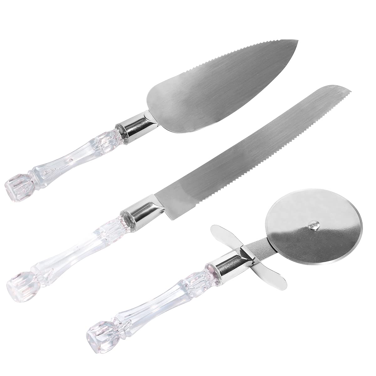 Wedding Cake Knife and Server Set, Cake Serving Set, Stainlesss Steel Cake Cutting Server Set, Cake Pie Pastry Servers Serving Spatula with Pizza Cutter Wheel, Crystal Handle, for Parties and Events