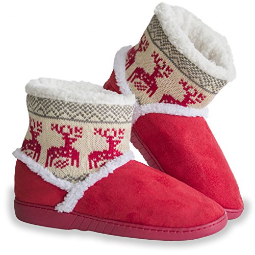 Urhome Unisex Hausschuhe für Winter Rutschfeste Sohle Hüttenschuh Indoor Plüsch Pantoffel Schlappen für Gäste Damen & Herren gefüttert Teddyfell Rot, Größe:38/39 Cover