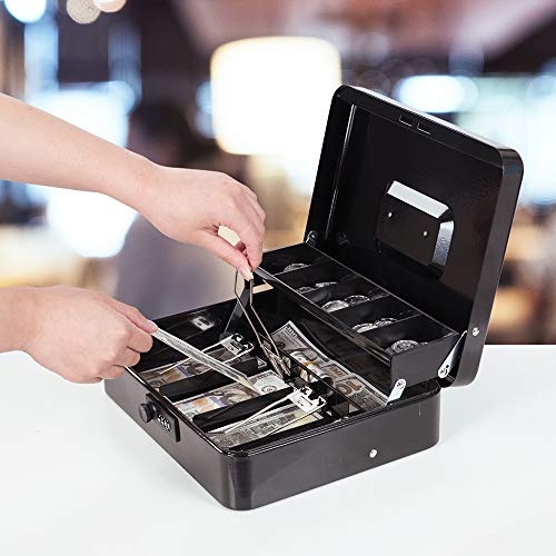 Image of Cash Box with Money Tray and Combination Lock Metal Money Box for Cash Register Tiered Lock Box for Money 11.8 inch x 9.4 inch x 3.54 inch Black