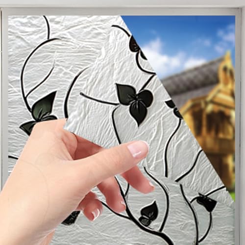 Image of Nuxovilar Frosted Black Vine Leaf Pattern Window Film 17.7x39.4 PVC | Black Vine, Embossed Cling foliage leaf sticker, privacy glass wrap for bedroom living room bathroom (Black Vine)