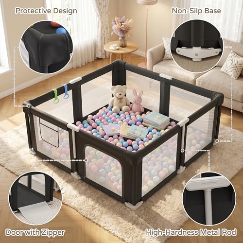 Image of Foldable Playpen for Babies and Toddlers, 51 inch Portable Play Pen with Mat and Ocean Balls, Play Yard with with Visible Mesh for Inddor and Outdoor, No Assembly Required, Black