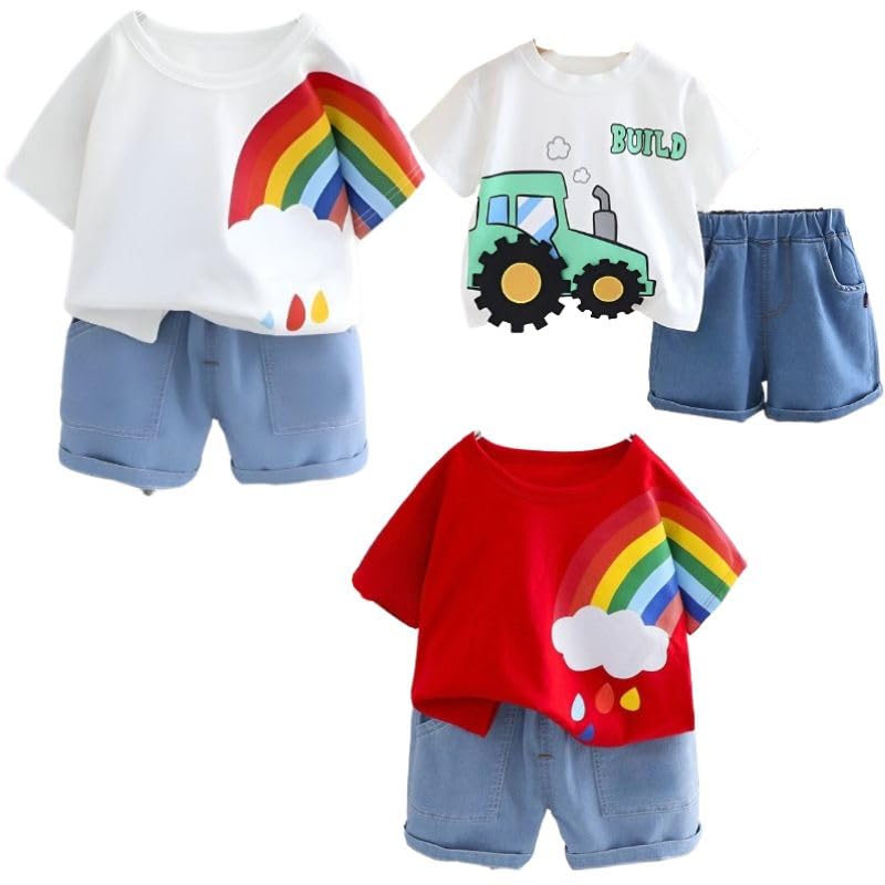 Googo Gaaga co ord setT-Shirt and Shorts Printed Rainbow Red White | Soft Cotton Round Neck Tees for Boys & Girls | Clothing set Casual Wear for Summer PACK OF 3 SETS