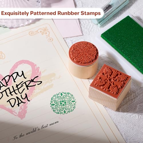 Fciqven 12Pcs Rubber Stamps Round and Square Decorative Wooden Stamps Set, Wood Stamps for Crafting, Letters, Scrapbooking and DIY Craft Card