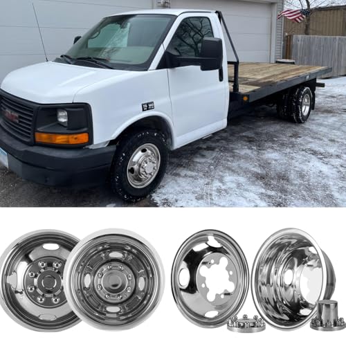 Image of 4X 16 Screw On Wheel Simulators Compatible with 2001-2007 Chevy GMC 3500 Truck 2003-2021 G3500 /G30 Van, 8 Lug Front Rear Dually Hub Caps Skins Liners Rim Covers Stainless Steel Polished 608GV