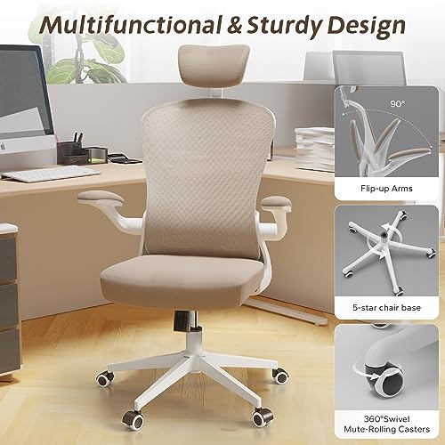 Image of Office Chair (03Khaki, Chair) | 360 Swivel Adjustable Lumbar Support & Flip-Up Armrests capacity 300 lbs capacity
