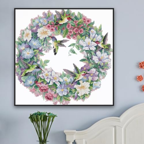 Image of Qeerysew Cross Stitch Kits Stamped Full Range of Embroidery Starter Kits for Beginners DIY -Printed Kit The Art of Hummingbirds(2) 14CT 20x20inches