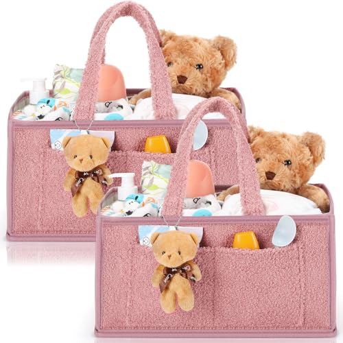 Teenyyou 2 Pack Baby Caddy Organizers Large Diaper Organizers Nursery Storage Basket with Handle Tiny Doll Ornament for Changing Table Baby Shower Gift Party Favor Car Stuff Newborn Essential(Pink)