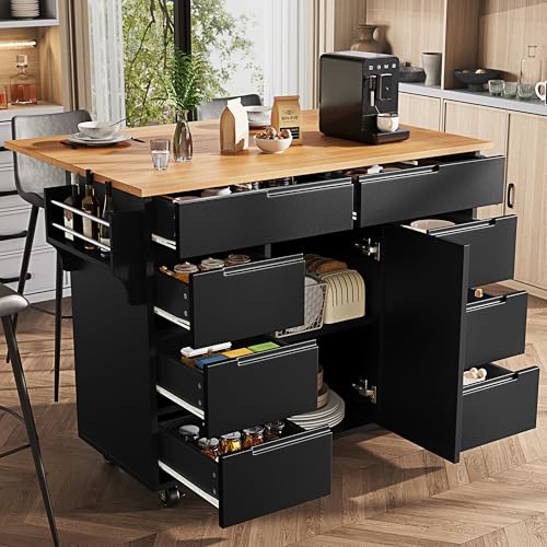 Idemon Moderna isola da cucina, mobile da cucina, carrello da cucina allungabile con ruote e piano di lavoro, carrello da portata con portaspezie e 8 cassetti, (nero)