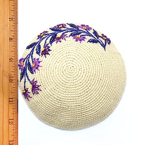 Cream & Lavender Purple Flowers Crochet & Embroidered Womans Kippah - Ladies Yarmulke4