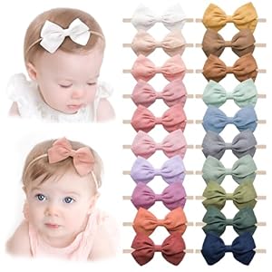 20 Pcs Baby Headbands Girls Hair Bows Nylon Hairbands with Linen Bows Handmade Head Accessories for Infant Newborn Toddlers Kids