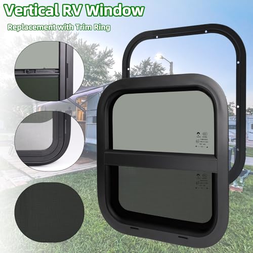 Image of 14 inchW x 16 inchH RV Windows for Cargo Trailer Camper,Tinted Vertical Sliding | Cargo Utility Trailer Window Replacement w /Screen&Trim Ring,Fit 15 /16 inch or 1-3 /8 inch Thick Wall,Allow Error 1 /16,DOT Approved