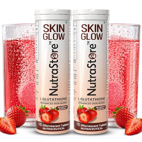 Image of NutraStore Skin Glow | L Glutathione Effervescent Tablets Pack of 2 | With Vitamin C, Hyaluronic Acid, Biotin, Astaxanthin & Zinc | Advanced Antioxidant Skin Blend | Strawberry Radiance Flavor | Glutathione tablets for skin health