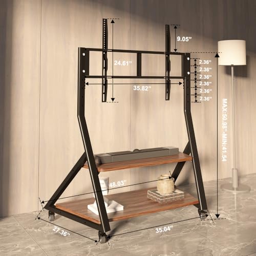 Image of Rolling TV Stand on Wheels with Wood Shelf for 50-100 Inch LCD LED Flat Curved Screens, Heavy Duty Outdoor TV Cart on Wheels, Height Adjustable, Holds up to 220 LBS, Vesa 800x600mm.