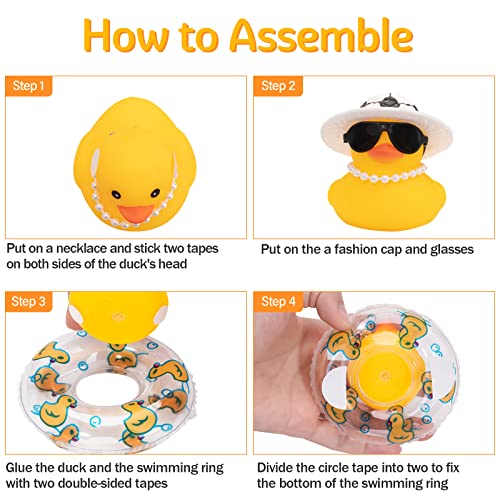 Image of wonuu Car Rubber Duck, Yellow Duck Decoration Dashboard with Sun Hat Swim Ring Necklace Sunglasses for Car Dashboard Decorations, Black White Cowboy Hat-Transparent-Big Pearl