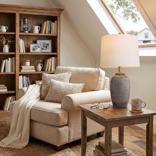 Image of 24.5 inch Ceramic Rustic Lamp for Living Room with Pre-Attached Shade | Single Gray Bedside Lamps, Hand-Textured Farmhouse Vintage Table Lamps for Bedroom Nightstands, End Table Home Decor,5FT Cord