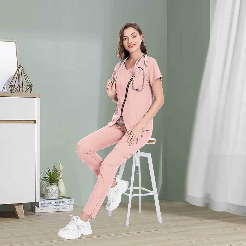 niaahinn Scrub for Women Medical Uniform Scrub Top & Jogger Pants Women Scrub Suit (Pink,S,Small)