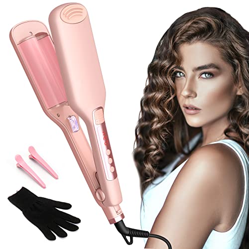 Crimper Hair Iron for Women, 1 Inch Hair Crimper for Wave, 14 Temperture Hair Waver Iron, Dual Voltage LCD Display Double Barrel Ceramic Wave Curling Wand Iron(Pink)