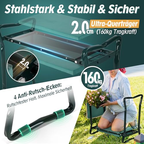 Sekey Höhenverstellbare Kniebank für Gartenarbeit Belastbarkeit 160KG, Gartenhocker Klappbar mit Werkzeugtaschen, Kniehilfe für Gartenarbeiten 60 * 50 * 28 cm, Grün (Standard)