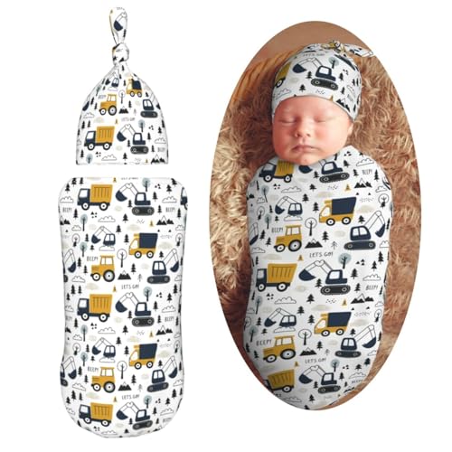 Image of Cars Truck Tractor Newborn Swaddle Blankets Hat Sets Soft Baby Receiving Blanket Swaddle Sack for Baby Shower Infant Boy Girl Gift