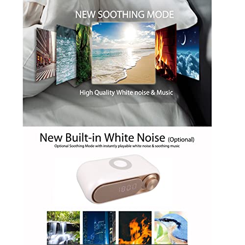 Fockety Radio Despertador Digital, Radio Despertador de Carga Inalámbrica con Altavoz Bluetooth y Auxiliar, Llamadas Manos Libres, Puerto de Carga USB, para Dormitorio (Spray Blanco Oro