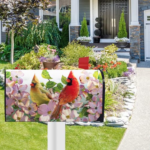 Image of Spring Summer Cardinal Mailbox Cover Magnetic Standard Size 20.5 inch x 18 inch, Red Birds Dogwood Flower Decorative Post Letter Box Wrap Decor, Floral Seasonal Garden Yard Outdoor Decoration
