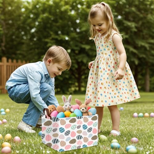 Image of Large Cute Easter Basket for Kid Empty Gift Baby Rectangle Storage Bin Bunny Eggs Boy&Girl Room Decor (Retro Art Easter Egg)