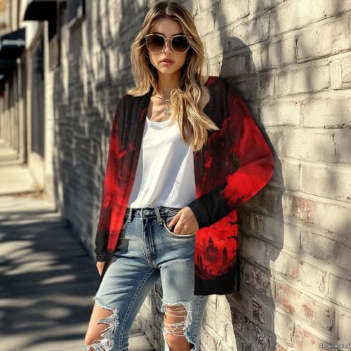 Image of Forchrinse Red Ladybug Cardigan for Women Causal Long Sleeve Open Front Cardigans Sweater Fashion 2024 Fall Coat with Pockets