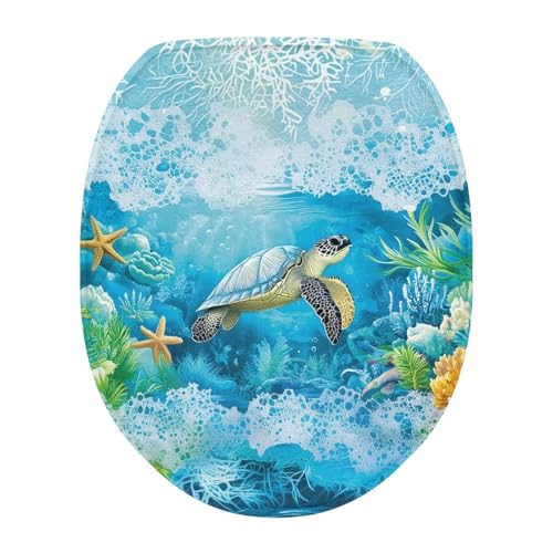 GLENLCWE Sea Turtle Elongated Toilet Seat Covers for Bathroom Washable Toilet Seat Covers Stretch Fabric Washable Toilet Lid Seat Protector Cover with Elastic Bottom