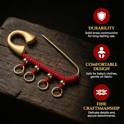 Image of Chinese Vintage Brooch Pin, Retro Amulet Safety Pin Brooch with 4 Loops, Feng Shui Brass Protection Brooch Pin for women