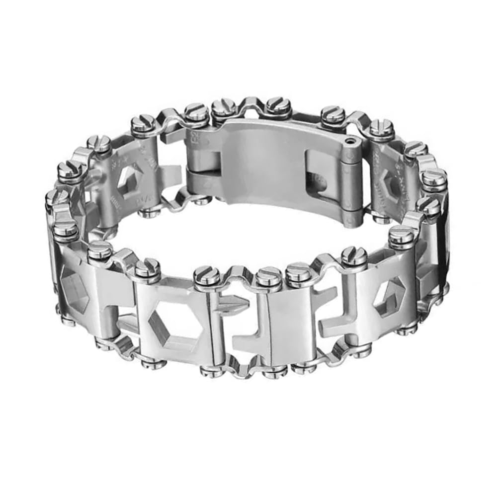 Bracelet multifonction pour Homme – Bracelet multifonction 29 en 1 en Acier inoxydable, adapté aux Voyages, adapté pour la Voile, le Camping, la randonnée – Argent, 21 cm