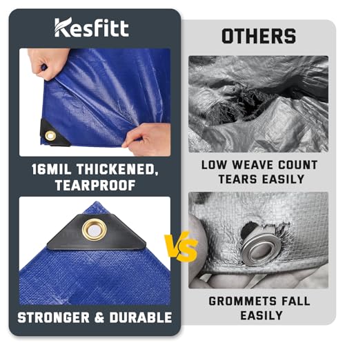 Image of Kesfitt Tarp Heavy Duty Waterproof 8x10FT,16 Mil Thick Tarps Tear&Fade Resistant,UV Resistant,Poly Tarp Cover with Grommets and Reinforced Edges for Outdoor Camping Pools Boat