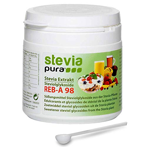 stevia-pura | Stevia Pulver (Steviosid) Extrakt aus 100% Stevia, davon min. 98% Reb-A, 50g + Dosierlöffel Cover